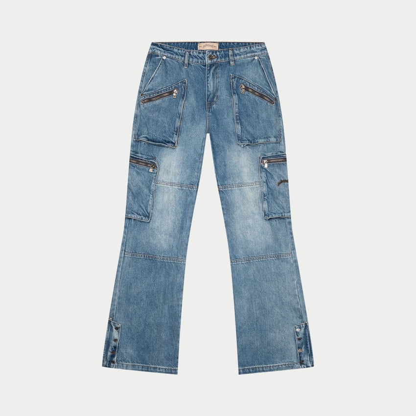 Double pocket Flared Cargo Denim (Blue) - CARGO PANTS