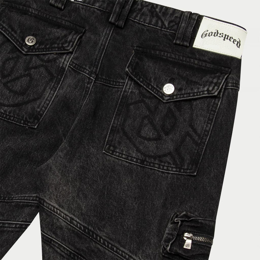 Rockstar Flare Cargo Denim (Black Wash) - CARGO PANTS